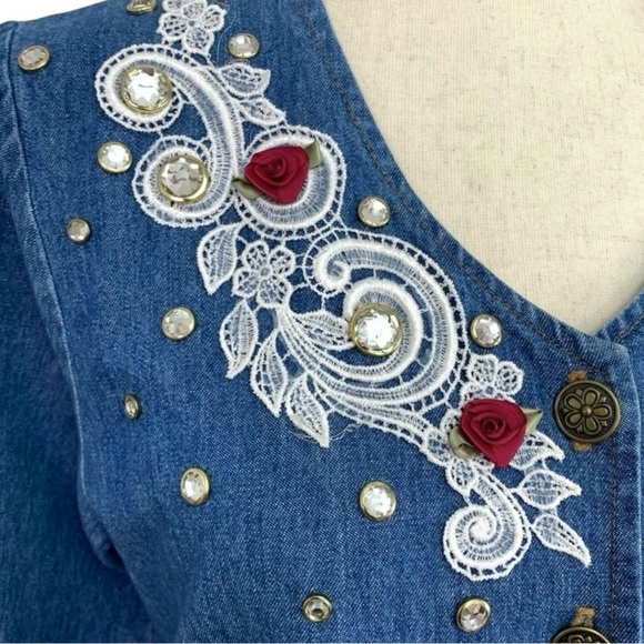 Mirage Vintage 90s Denim Midi Dress Embellished Art To Wear Cottagecore - Picture 4 of 11